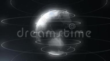 白色抽象球体。 与线条相连的白点。 全球化界面。 行星在中心盘旋。 关闭